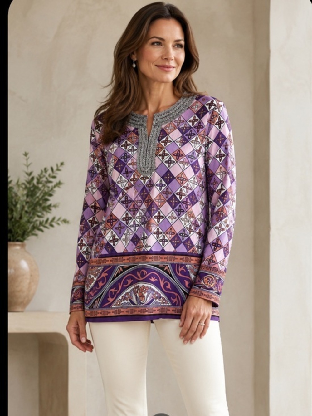 Tory Burch Beaded Silk Purple Tunic Top